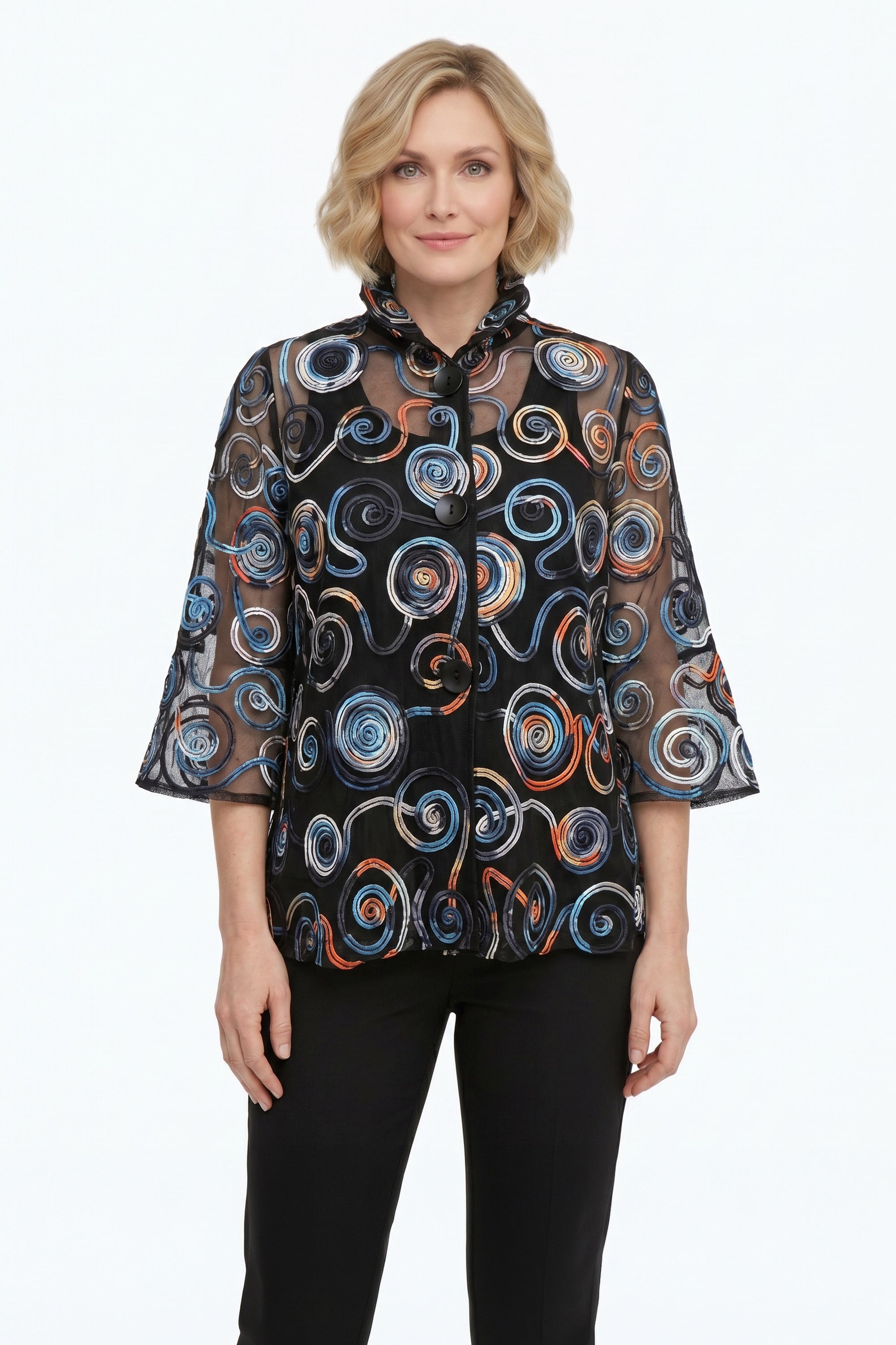 DAMEE GEOMETRIC MESH SOUTACHE BUTTON DOWN COLLARED JACKET - 2500 - MULTI
