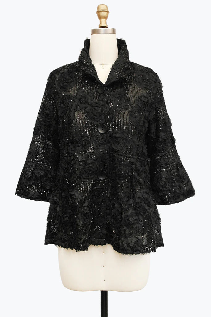 DAMEE BLACK FLORAL SEQUIN SPECIAL OCCASION BUTTON DOWN COLLARED JACKET - 2501 - BLACK