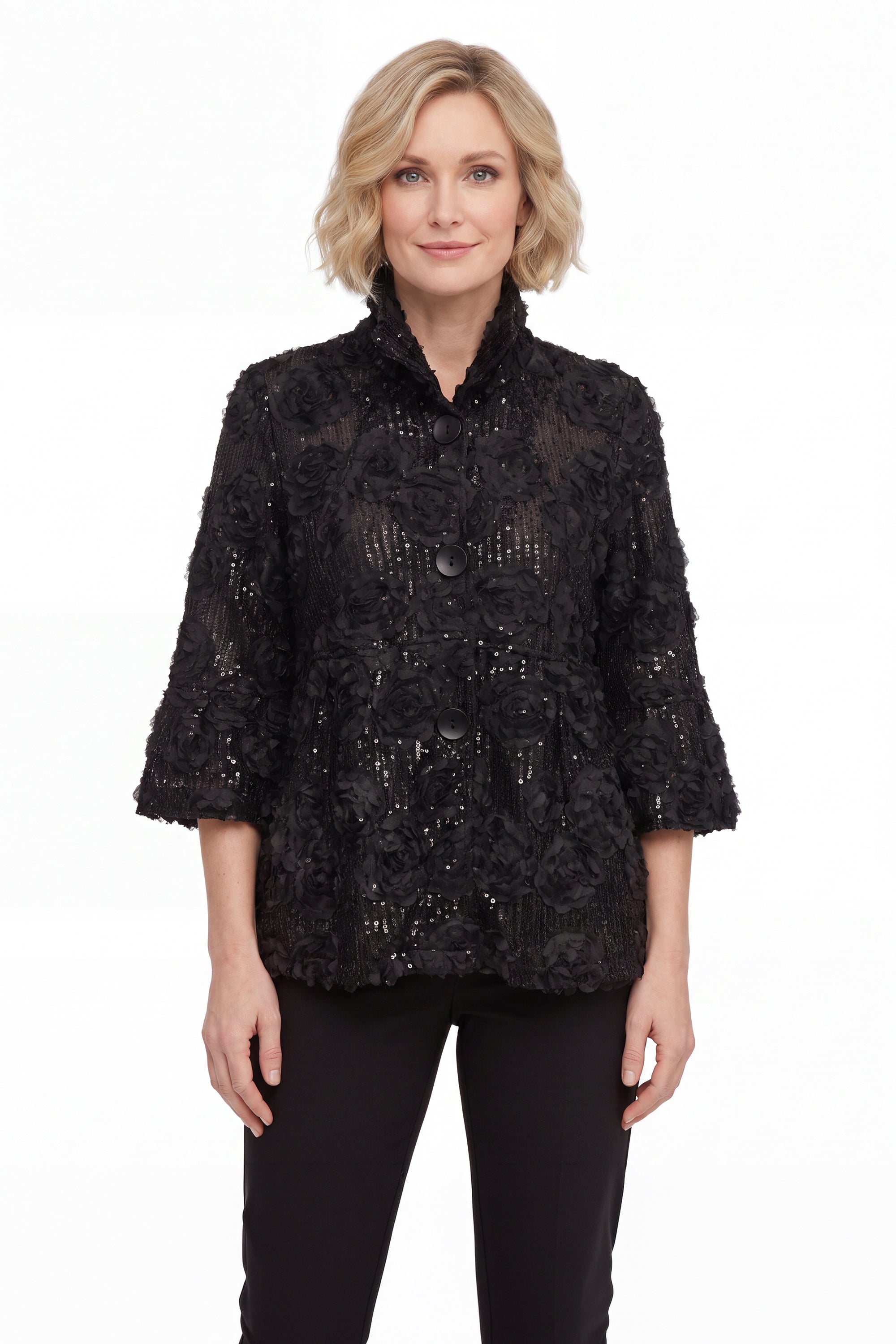 DAMEE BLACK FLORAL SEQUIN SPECIAL OCCASION BUTTON DOWN COLLARED JACKET - 2501 - BLACK