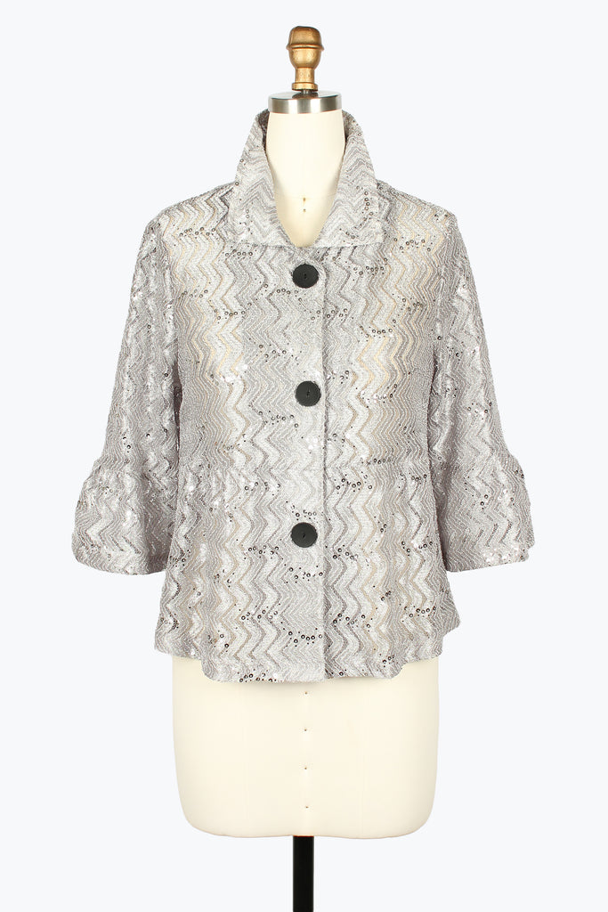 DAMEE SILVER GEOMETRIC SPECIAL OCCASION BUTTON DOWN COLLARED JACKET - 2506 - METALLIC LIGHT GRAY