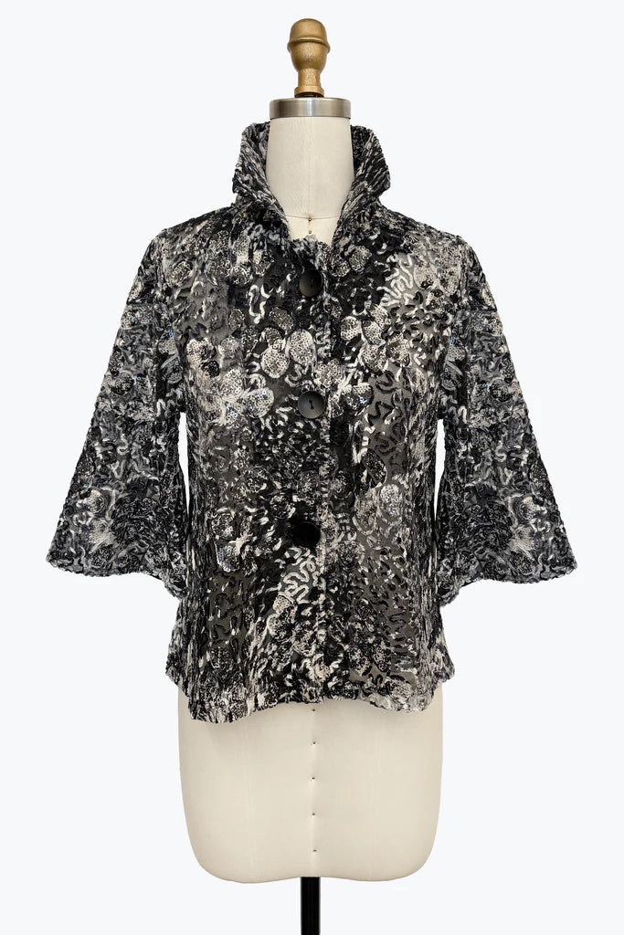 DAMEE BLACK AND WHITE ABSTRACT SPECIAL OCCASION BUTTON DOWN COLLARED JACKET - 2507 - BLACK