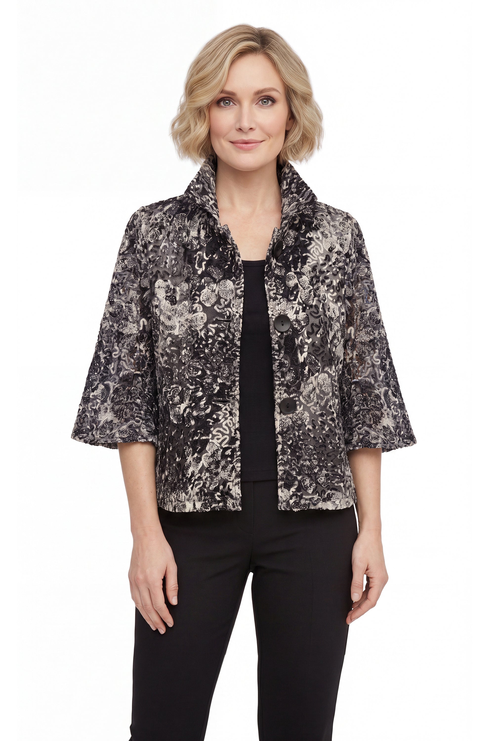 DAMEE BLACK AND WHITE ABSTRACT SPECIAL OCCASION BUTTON DOWN COLLARED JACKET - 2507 - BLACK