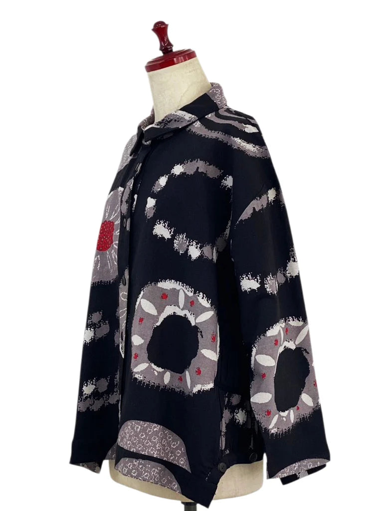 MONA LISA by Pure Fit - Button Accent Tuck Jacket - Multi Rings Print - 253141-BK - BLACK (A)