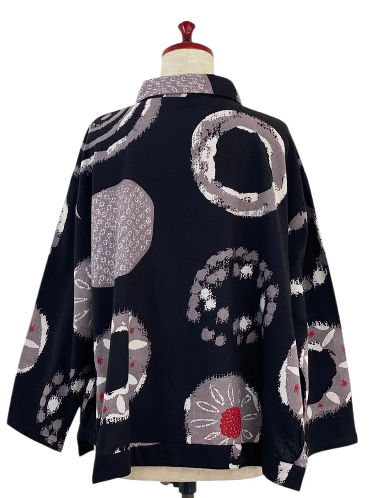 MONA LISA by Pure Fit - Button Accent Tuck Jacket - Multi Rings Print - 253141-BK - BLACK (A)