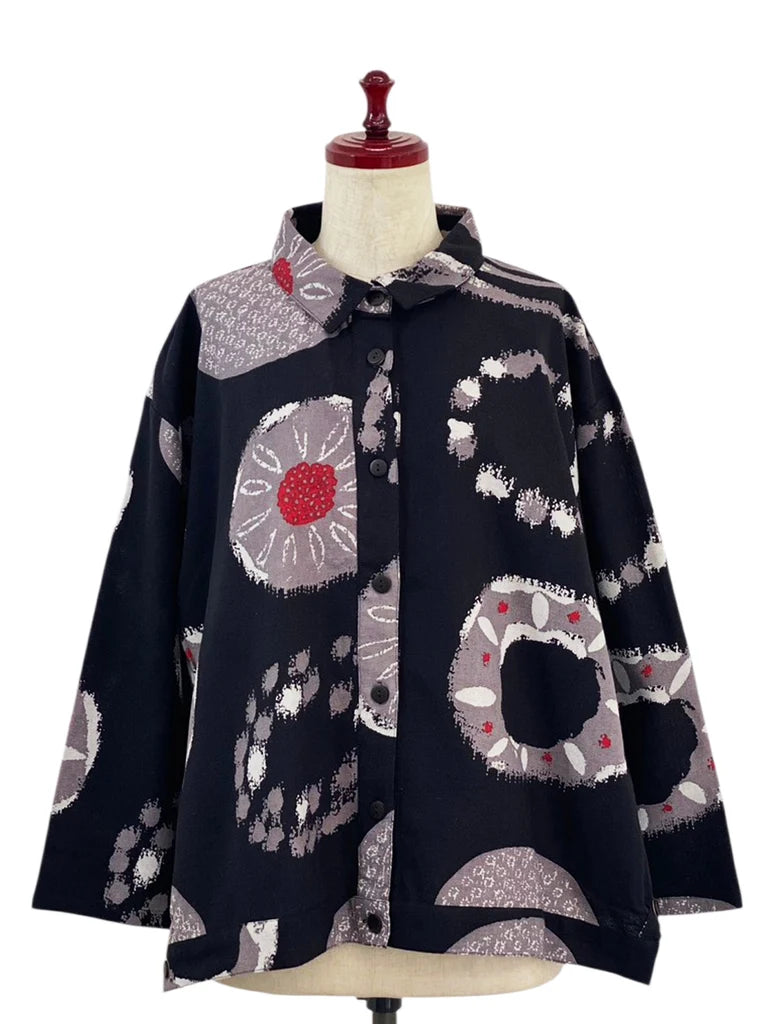 MONA LISA by Pure Fit - Button Accent Tuck Jacket - Multi Rings Print - 253141-BK - BLACK (A)