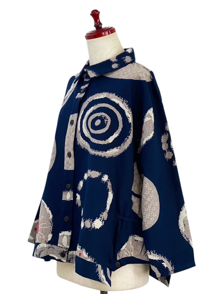 MONA LISA by Pure Fit - Button Accent Tuck Jacket - Multi Rings Print - 253141-DB - DARK BLUE (C)