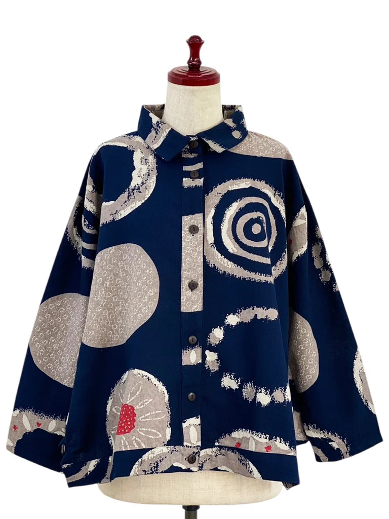 MONA LISA by Pure Fit - Button Accent Tuck Jacket - Multi Rings Print - 253141-DB - DARK BLUE (C)