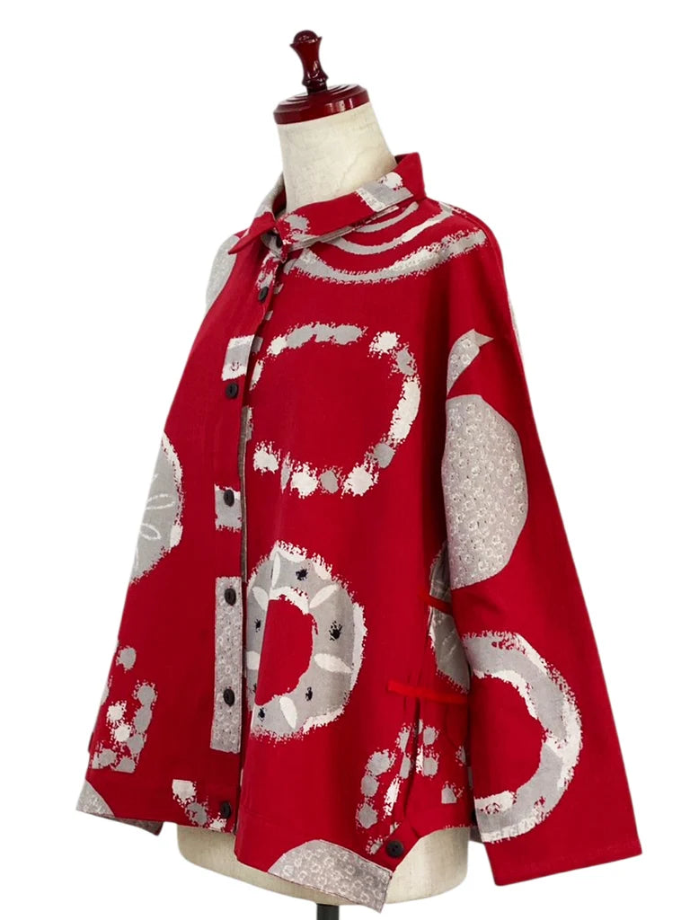 MONA LISA by Pure Fit - Button Accent Tuck Jacket - Multi Rings Print - 253141-RE- RED (E)