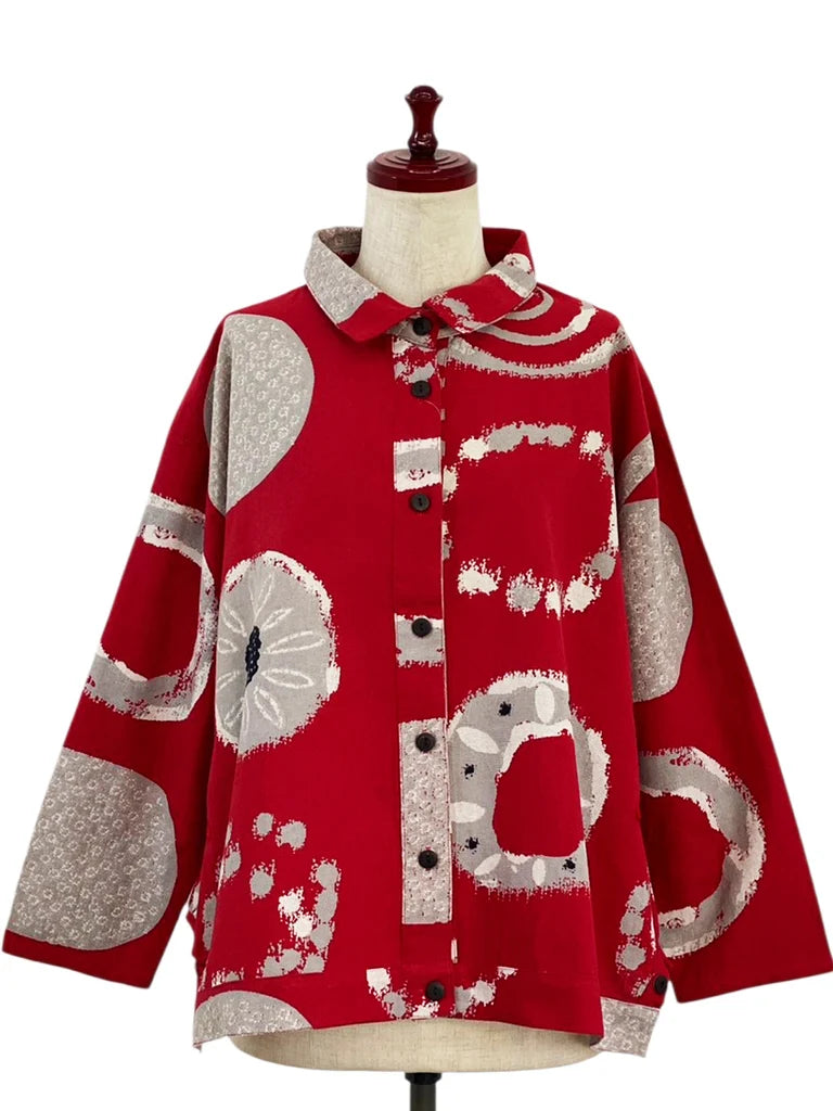 MONA LISA by Pure Fit - Button Accent Tuck Jacket - Multi Rings Print - 253141-RE- RED (E)