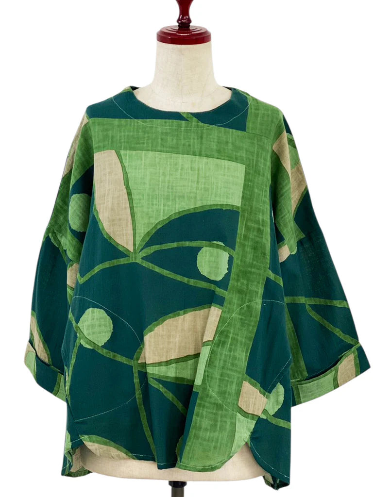 MONA LISA by Pure Fit - 253201-GE - Flare Pullover - Geometric Plants Print - Green (H)