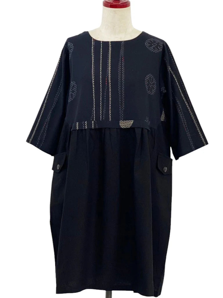 MONA LISA by Pure Fit - 253358-BK/BK - Panel Pleated Tunic - Solid/Multi Textile Line Print - Black/Black (A1)