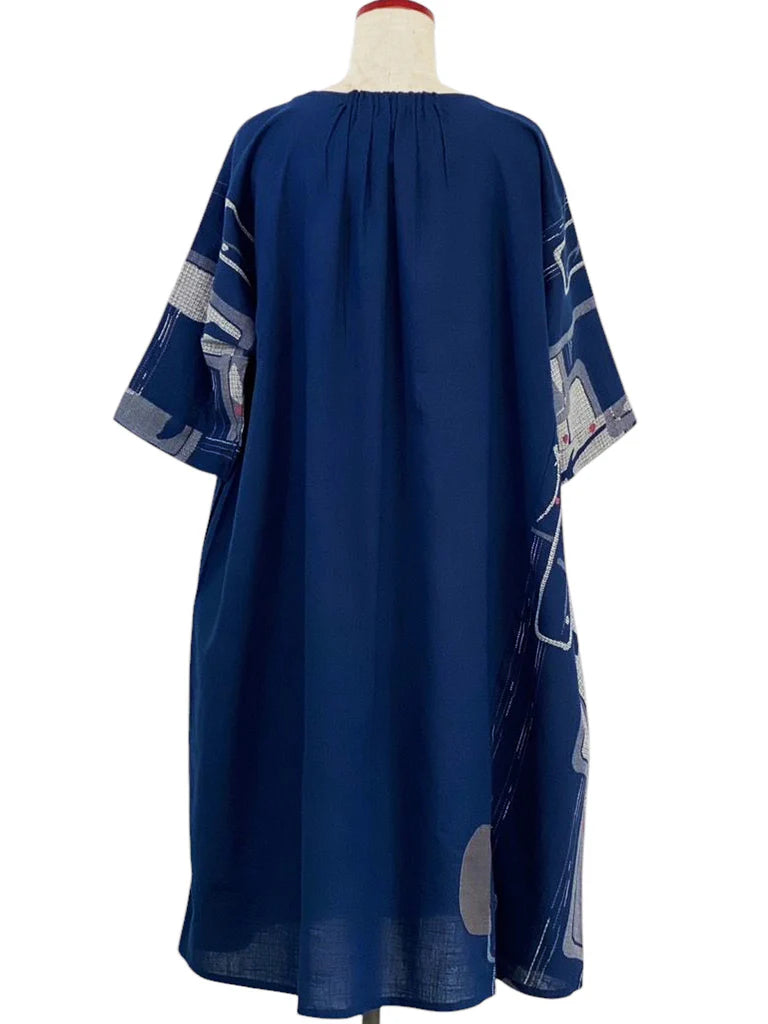MONA LISA by Pure Fit - 253364-DB - Circle Pocket Panel Dress - Solid/Ume Branch Print - Dark Blue (C)