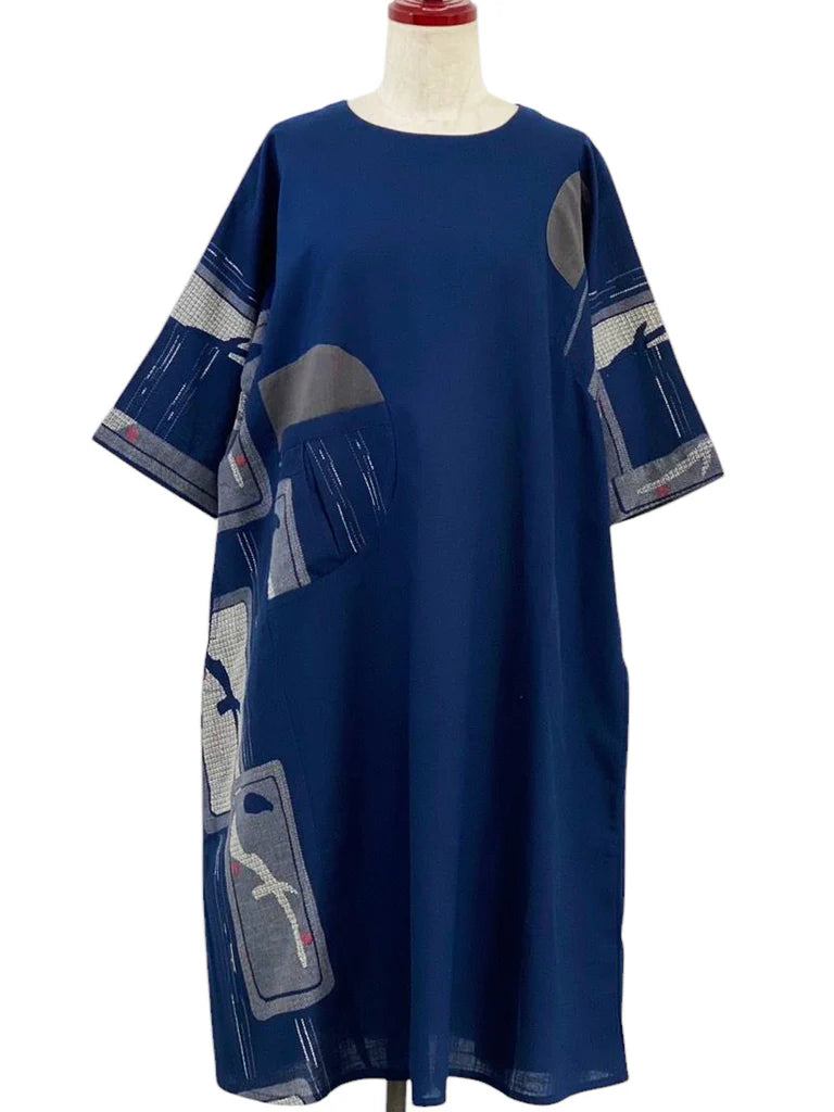 MONA LISA by Pure Fit - 253364-DB - Circle Pocket Panel Dress - Solid/Ume Branch Print - Dark Blue (C)