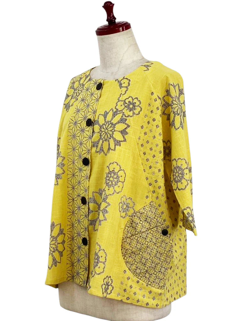 MONA LISA by Pure Fit - 253374-MU - Circle Pocket Crop Jacket - Obi Flower Print - Mustard (F)