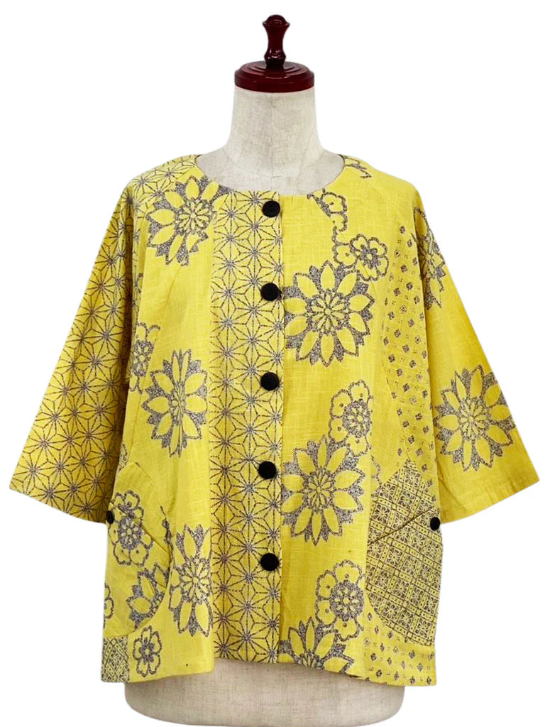 MONA LISA by Pure Fit - 253374-MU - Circle Pocket Crop Jacket - Obi Flower Print - Mustard (F)