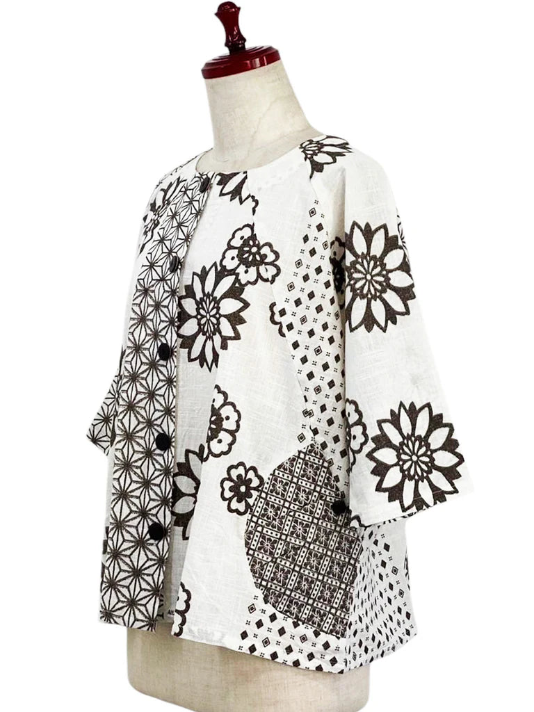 MONA LISA by Pure Fit - 253374-NT - Circle Pocket Crop Jacket - Obi Flower Print - Natural (G)