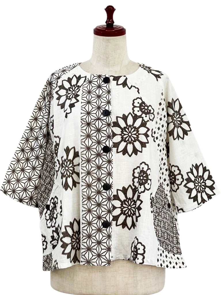 MONA LISA by Pure Fit - 253374-NT - Circle Pocket Crop Jacket - Obi Flower Print - Natural (G)