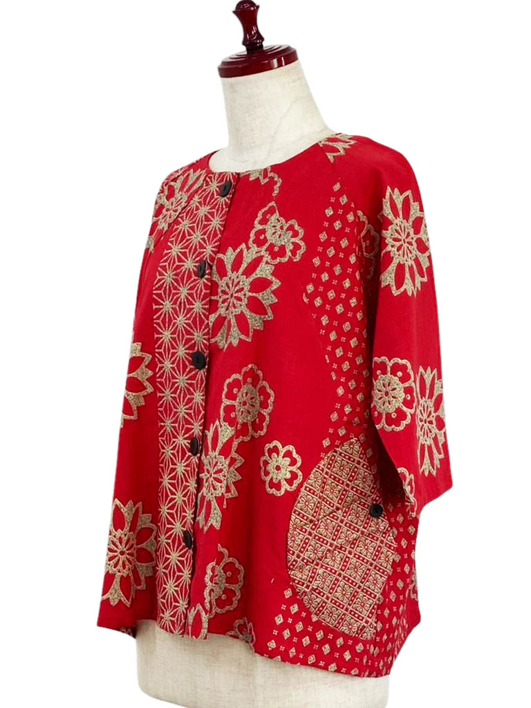 MONA LISA by Pure Fit - 253374-RE - Circle Pocket Crop Jacket - Obi Flower Print - Red (E)