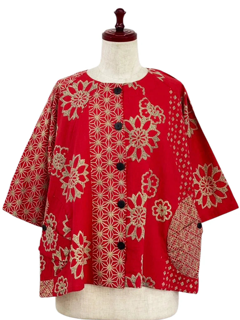 MONA LISA by Pure Fit - 253374-RE - Circle Pocket Crop Jacket - Obi Flower Print - Red (E)