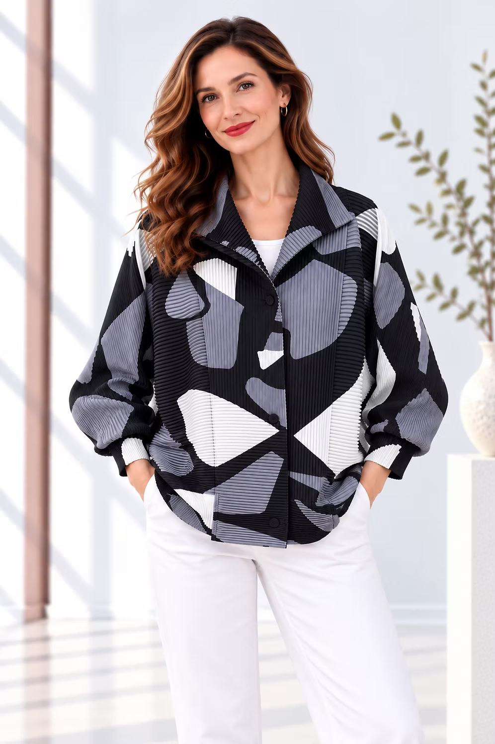 Vanite Couture Button Front Patterned Pleated Jacket - 26169 - BLACK/GREY