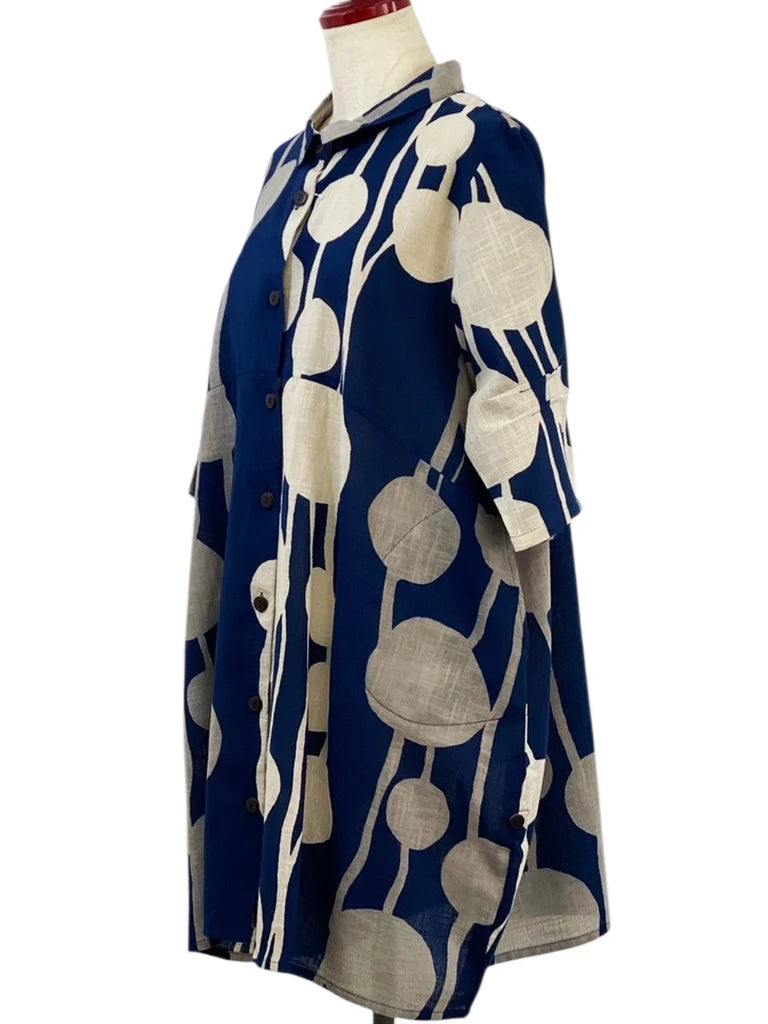 MONA LISA by Pure Fit - Button Front Tunic - Bead Strands Print - 263017-DB - DARK BLUE (C)