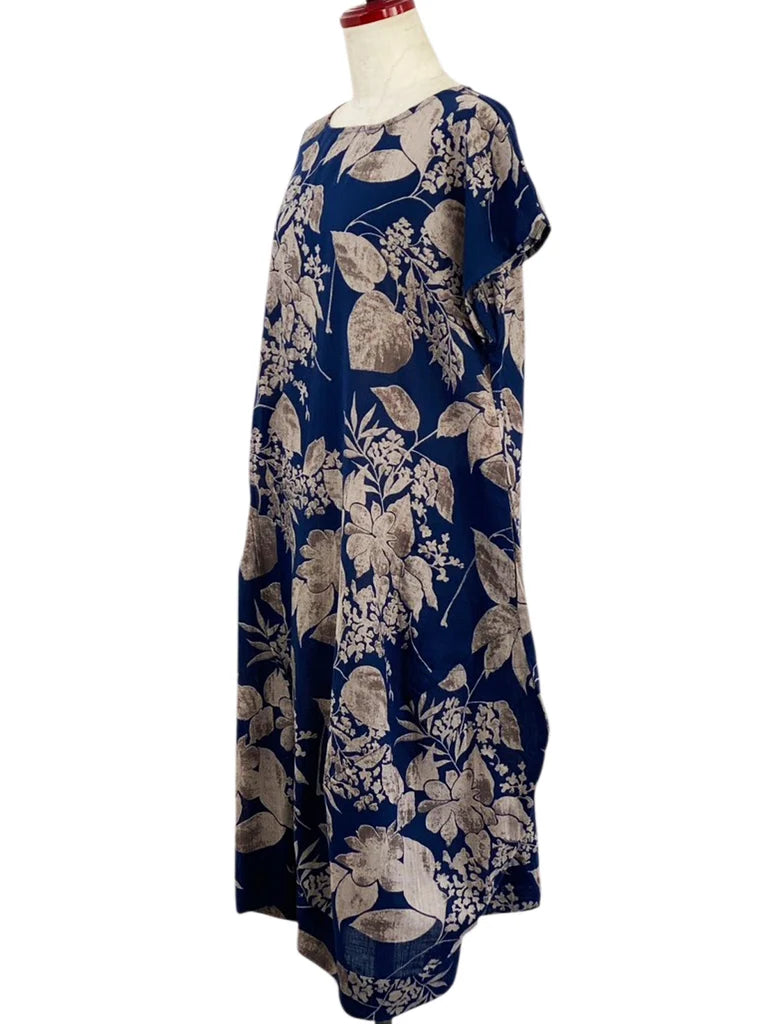 MONA LISA by Pure Fit - Asym Tuck Dress - Botanical Print - 263112-DB - DARK BLUE (C)