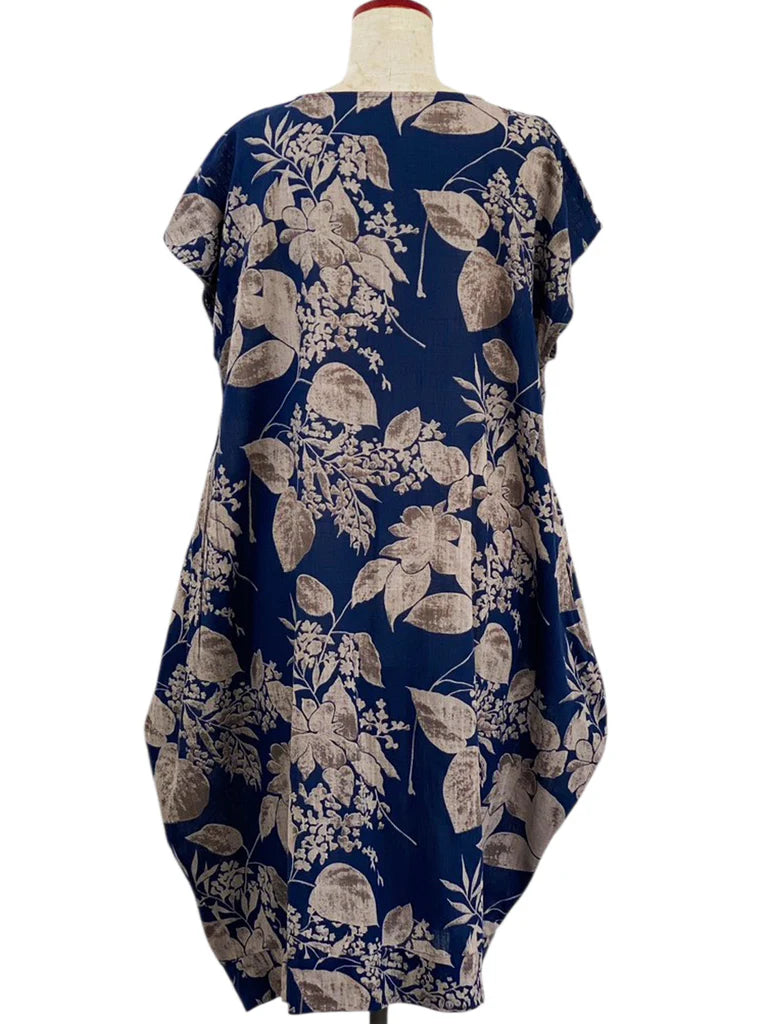 MONA LISA by Pure Fit - 263112-DB - Asym Tuck Dress - Botanical Print - Dark Blue (C)