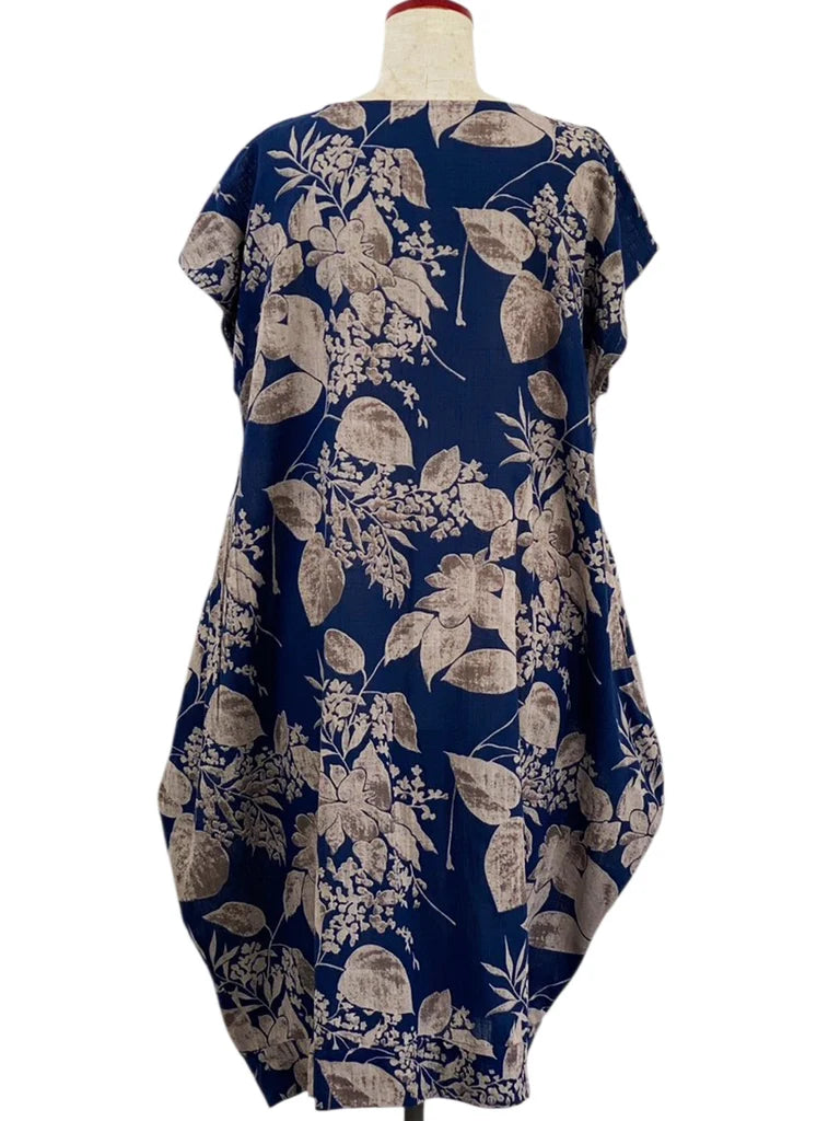 MONA LISA by Pure Fit - Asym Tuck Dress - Botanical Print - 263112-DB - DARK BLUE (C)