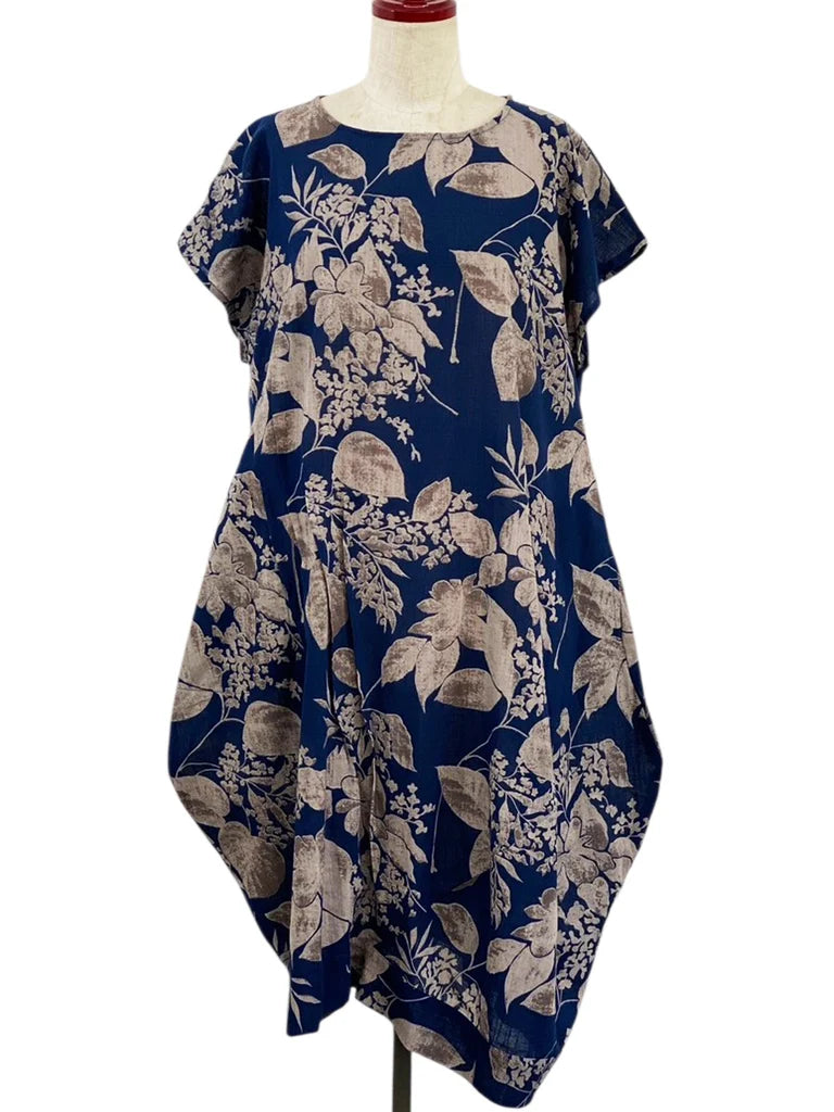 MONA LISA by Pure Fit - Asym Tuck Dress - Botanical Print - 263112-DB - DARK BLUE (C)