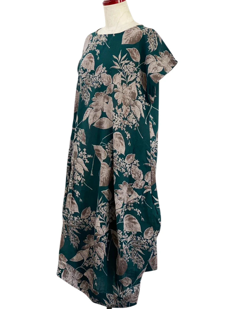 MONA LISA by Pure Fit - 263112-GE - Asym Tuck Dress - Botanical Print - Green (H)