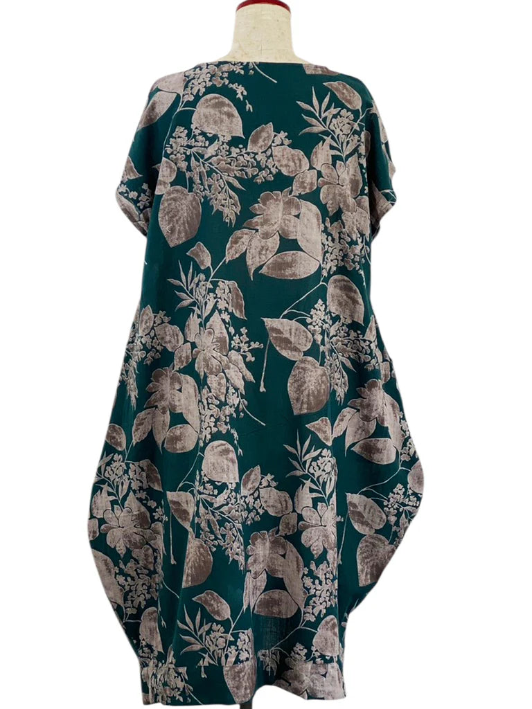 MONA LISA by Pure Fit - 263112-GE - Asym Tuck Dress - Botanical Print - Green (H)