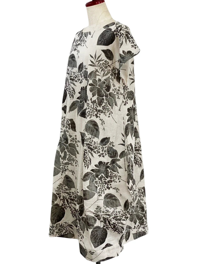 MONA LISA by Pure Fit - 263112-LG - Asym Tuck Dress - Botanical Print - Light Grey (B)