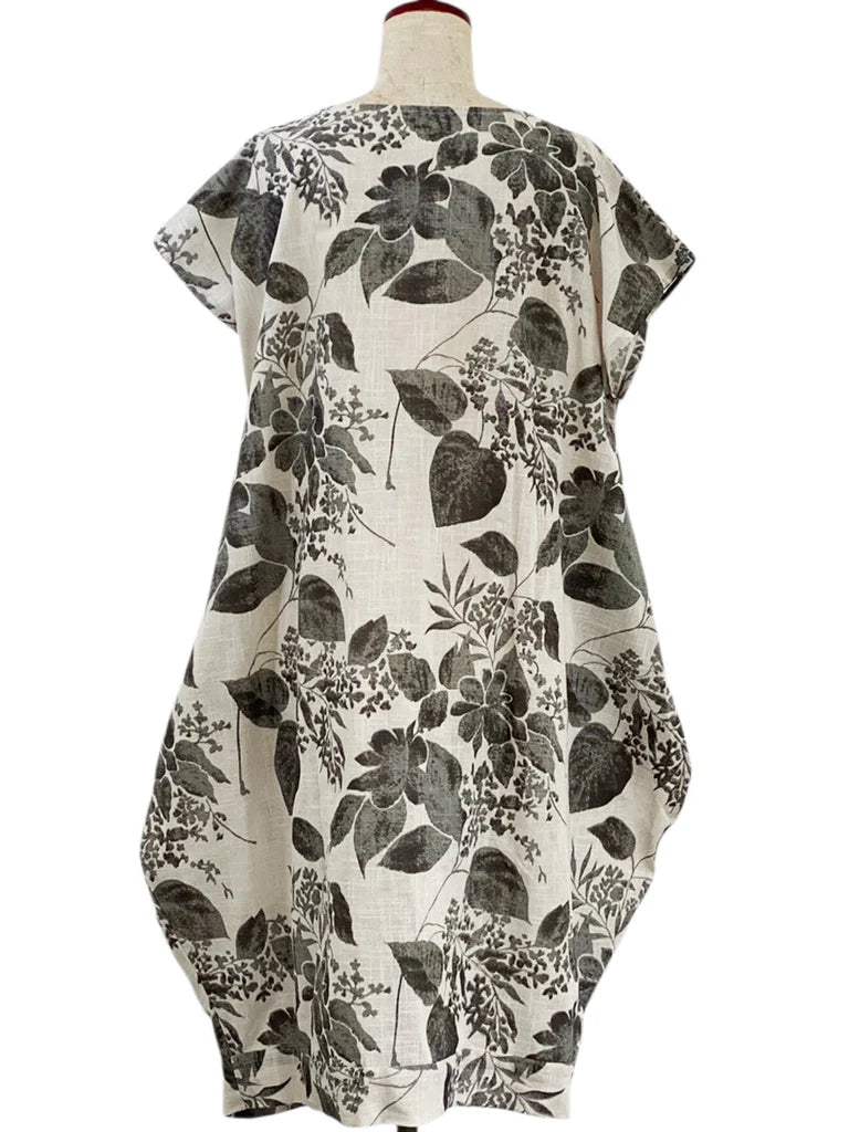 MONA LISA by Pure Fit - 263112-LG - Asym Tuck Dress - Botanical Print - Light Grey (B)