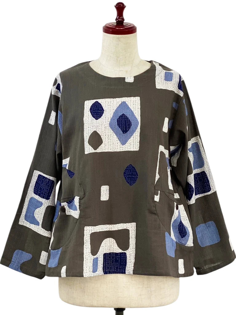 MONA LISA by Pure Fit - Circle Pocket Pullover - Retro Geometric Print - 263245P-CH - CHARCOAL GREY (B)