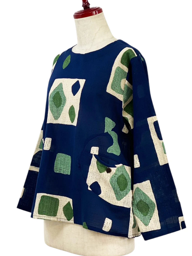 MONA LISA by Pure Fit - Circle Pocket Pullover - Retro Geometric Print - 263245P-DB - DARK BLUE (C)