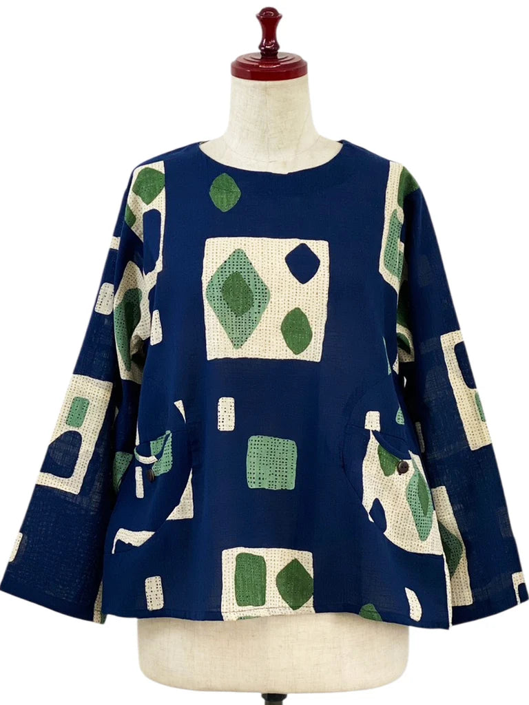 MONA LISA by Pure Fit - Circle Pocket Pullover - Retro Geometric Print - 263245P-DB - DARK BLUE (C)
