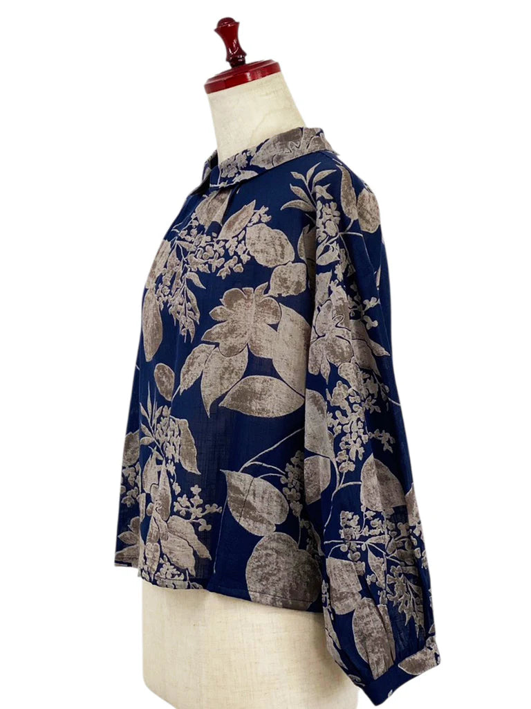 MONA LISA by Pure Fit - 263274-DB - Back Button Crop Top - Botanical Print - Dark Blue (C)