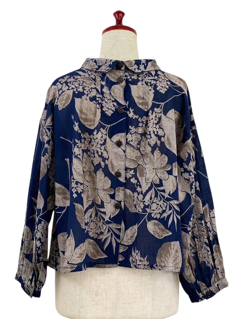 MONA LISA by Pure Fit - 263274-DB - Back Button Crop Top - Botanical Print - Dark Blue (C)