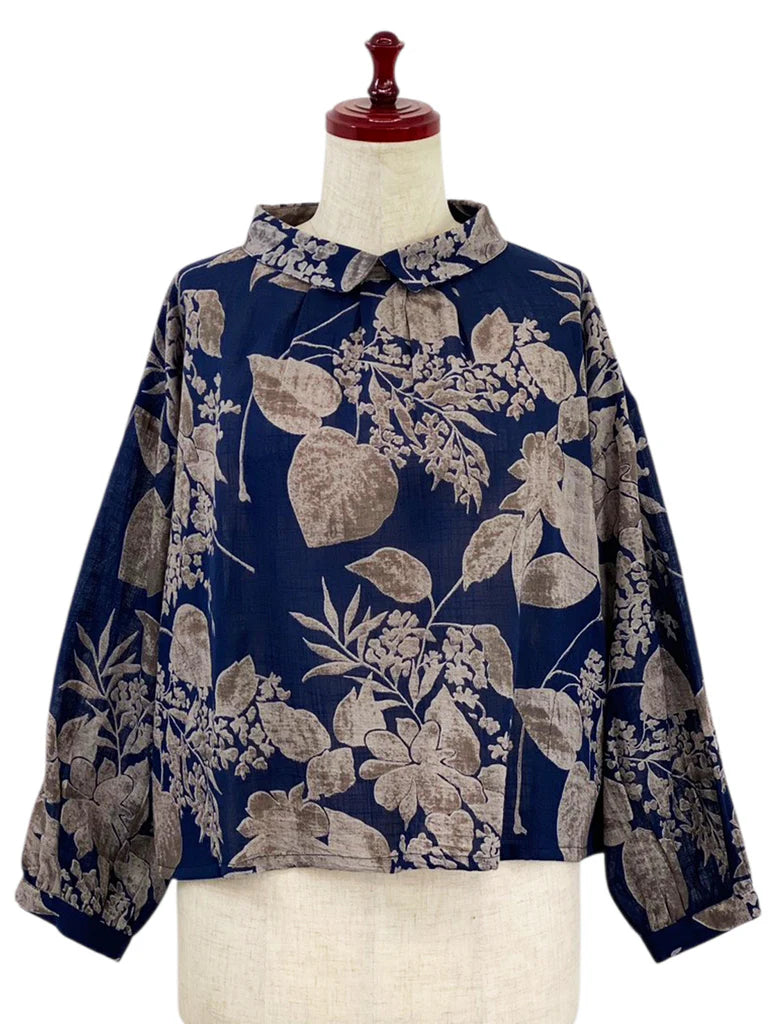 MONA LISA by Pure Fit - 263274-DB - Back Button Crop Top - Botanical Print - Dark Blue (C)
