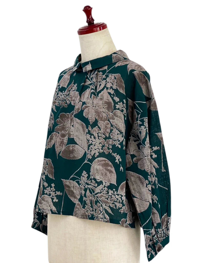 MONA LISA by Pure Fit - 263274-GE - Back Button Crop Top - Botanical Print - Green (H)