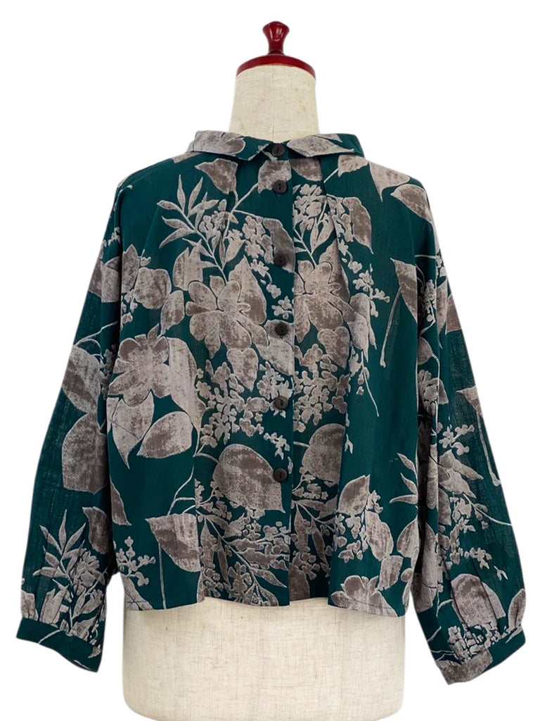 MONA LISA by Pure Fit - 263274-GE - Back Button Crop Top - Botanical Print - Green (H)