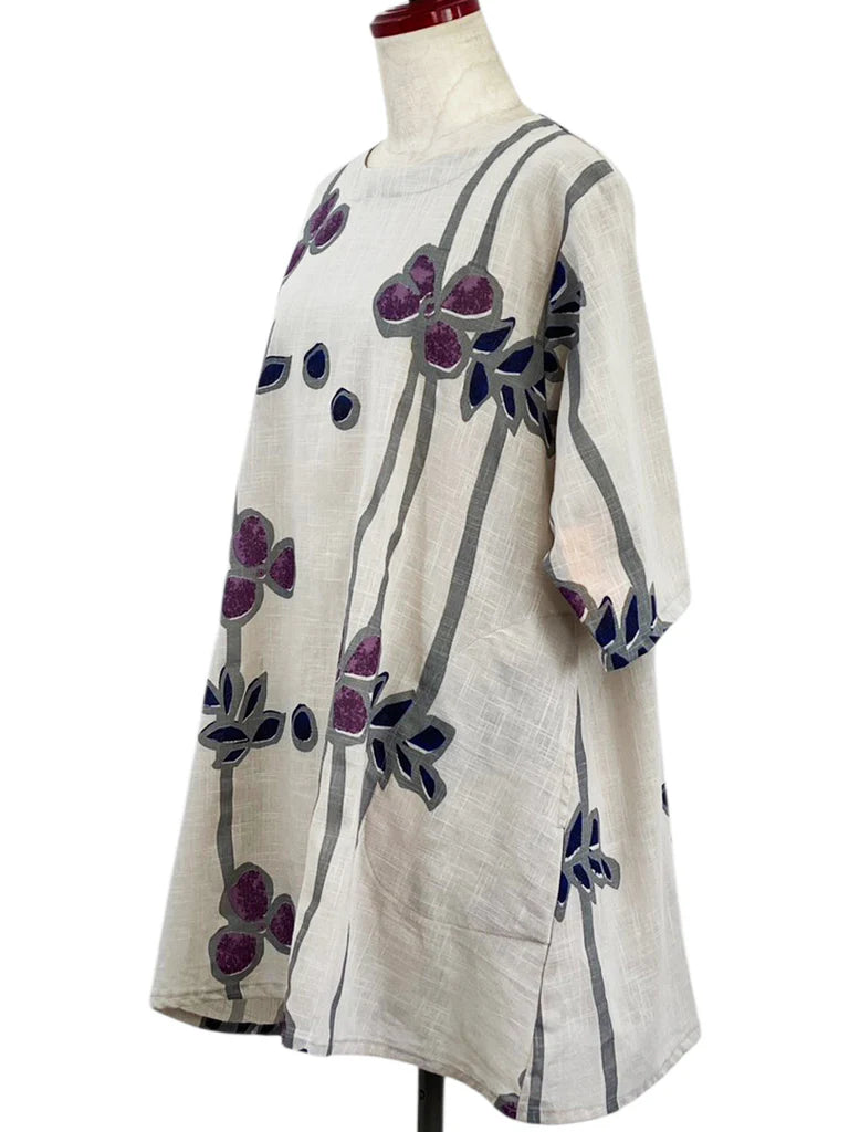 MONA LISA by Pure Fit - 263275-LG - Gathered Neck Tunic - Tsutsugaki Print - Light Grey (B)