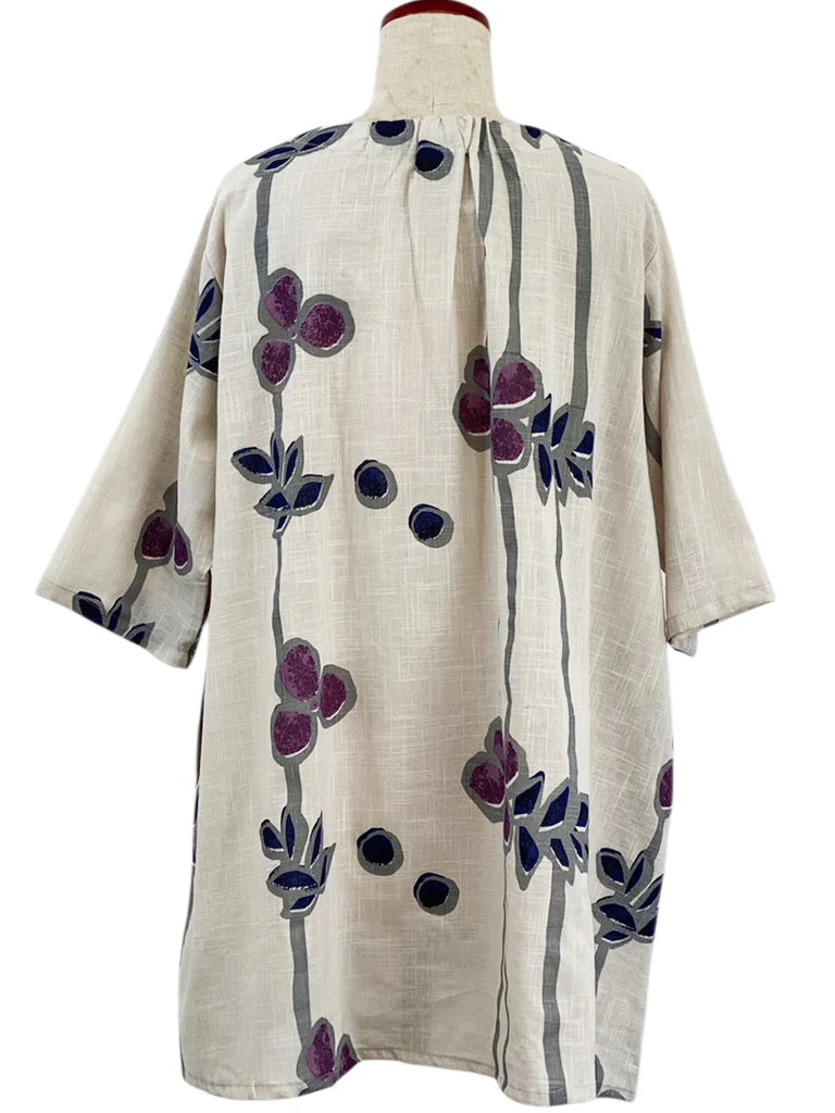 MONA LISA by Pure Fit - 263275-LG - Gathered Neck Tunic - Tsutsugaki Print - Light Grey (B)