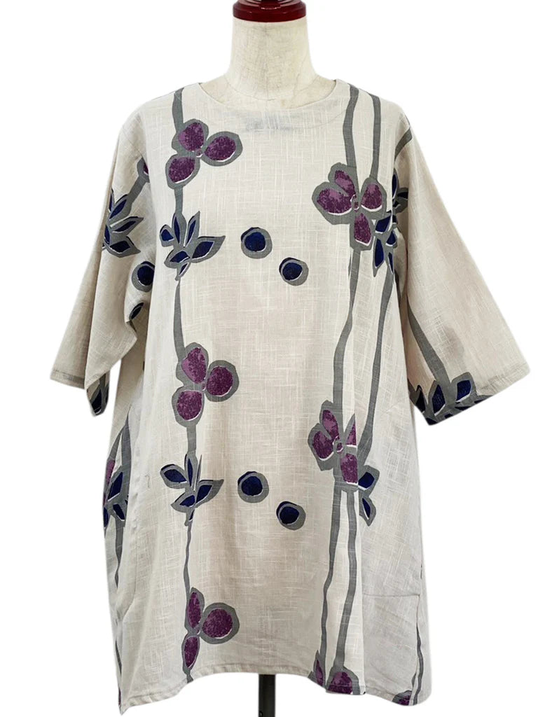MONA LISA by Pure Fit - 263275-LG - Gathered Neck Tunic - Tsutsugaki Print - Light Grey (B)