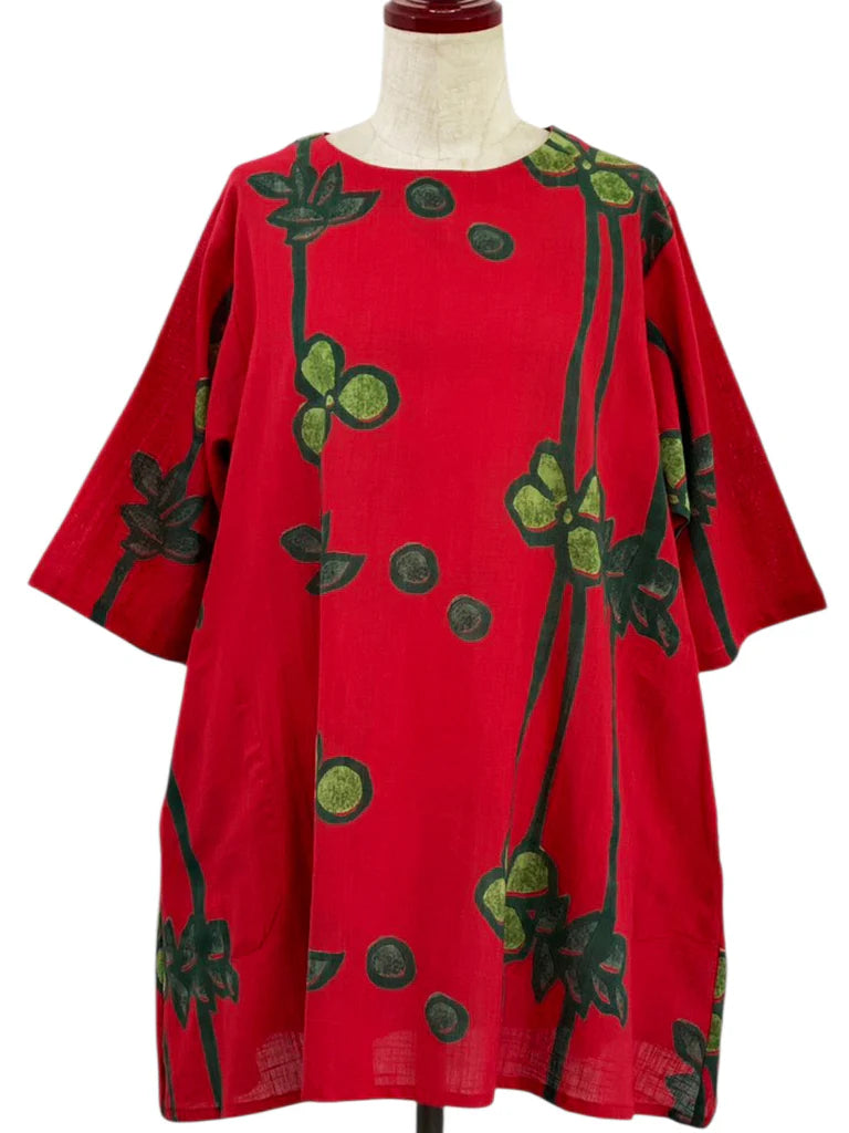 MONA LISA by Pure Fit - 263275-RE - Gathered Neck Tunic - Tsutsugaki Print - Red (E)