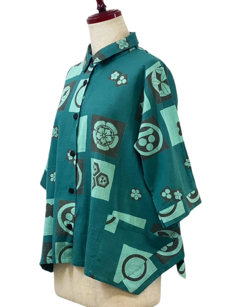 MONA LISA by Pure Fit - Button Accent Crop Jacket - Kamon Print - 263331-GE - GREEN (H)