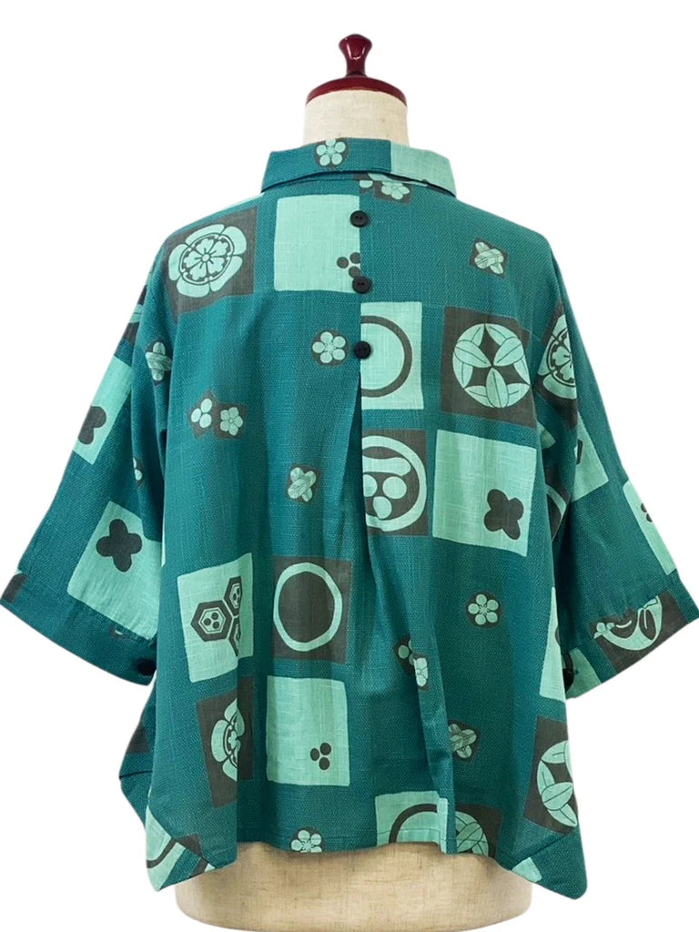 MONA LISA by Pure Fit - Button Accent Crop Jacket - Kamon Print - 263331-GE - GREEN (H)
