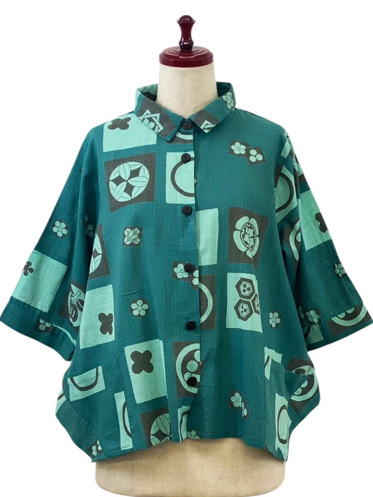 MONA LISA by Pure Fit - Button Accent Crop Jacket - Kamon Print - 263331-GE - GREEN (H)