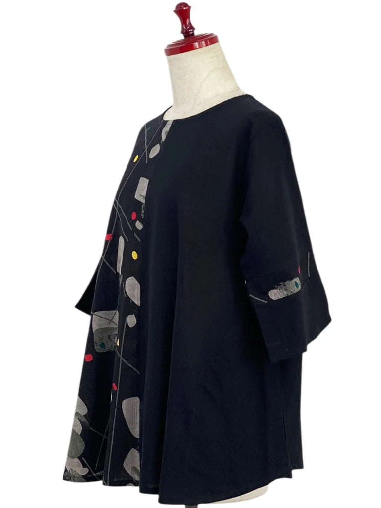 MONA LISA by Pure Fit - Slit Back Panel Pullover - Solid/Geometric Flow Print - 263335-BK - BLACK (A)
