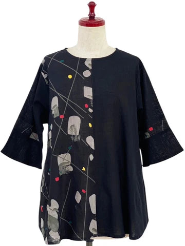MONA LISA by Pure Fit - Slit Back Panel Pullover - Solid/Geometric Flow Print - 263335-BK - BLACK (A)